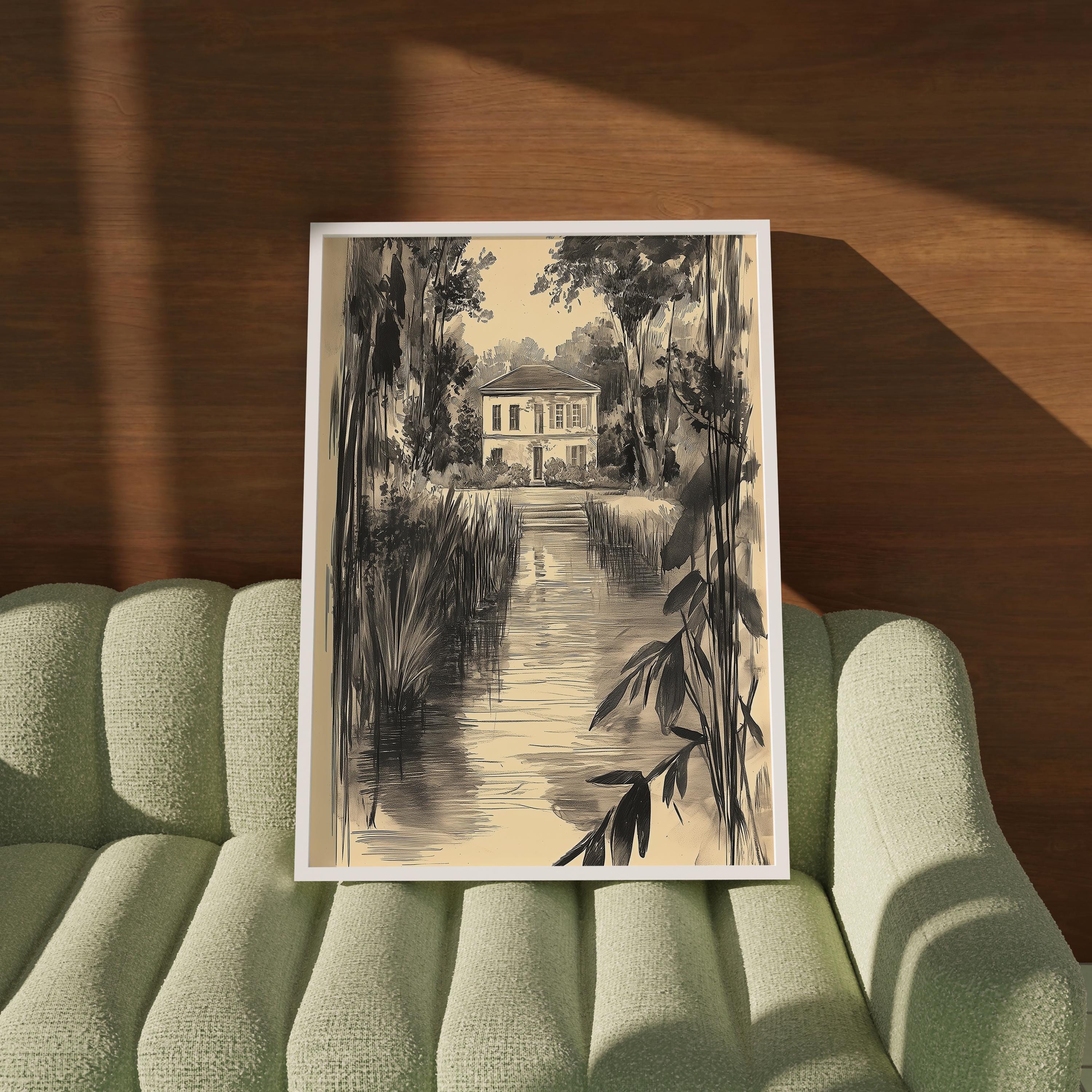 Vintage French Estate Garden Drawing, Landscape Sketch Print