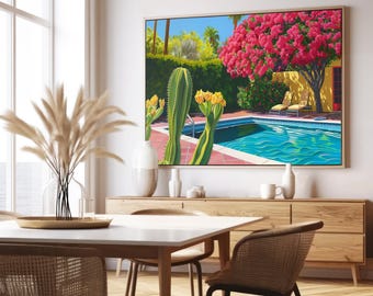 Cactus Oil Painting, Palm Springs Swimming Pool Art, Summer Coastal Large Gallery Wall Decor, Poolside Still Life Print 577
