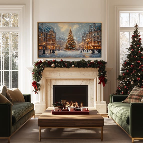 ロンドンのクリスマス油絵、ヴィンテージクリスマスツリーフレーム