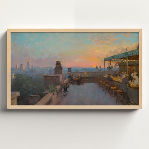 Impressionistisk målning av takbar, vintage New York-sommarsolnedgång, digital nedladdning av Samsung Frame TV-konst