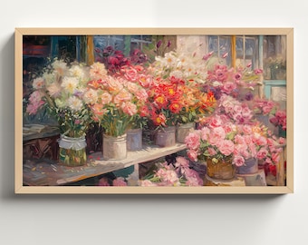 Pastel Flower Shop Oil Painting, Frame TV Art Summer Decor, Colorful Floral Decor, Digital Download