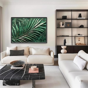 Emerald Palm Leaf Art, Textured Botanical Wall Decor, Modern Green Jungle Artwork for Living Room, Tropical Jade Print 109
