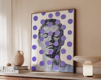 Retrato masculino moderno con diseño de lunares morados, impresión abstracta al óleo, realismo contemporáneo, arte retro de los años 70, Giclée 775