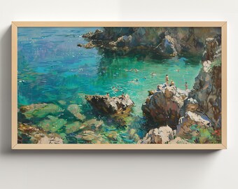 Coastal Summer Swimming Painting, Cape Cod Lake Beach House Art for Frame Tv, Digital Download