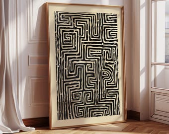Arte de pared con patrón de laberinto abstracto, estampado geométrico en negro y beige, decoración minimalista moderna para el hogar 422