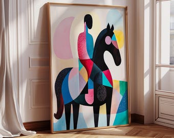 Colorful Horse Oil Painting: Minimalist Abstract Art Print