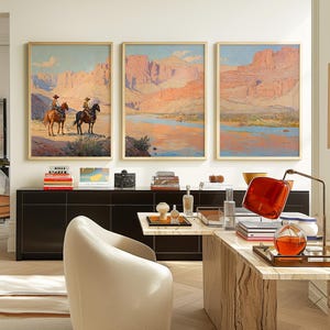 Cowboy 3 Piece Wall Art, Western Oil Painting Set of Three Prints, Desert Landscape, Rodeo Horseback Riding Equestrian Decor 978
