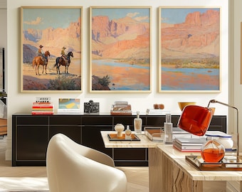 カウボーイ 3ピース ウォールアート ウエスタン 油絵 3枚セット プリント 砂漠の風景 ロデオ 乗馬 乗馬装飾 978