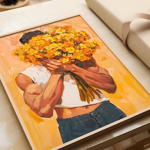 Muscular Man Holding Flowers, Abstract Male Portrait Painting, Contemporary Modern Art Print, Yellow and Orange Tones Textured Acrylic 770