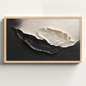May include: A framed wall art print featuring two stylised feathers, one black and one white, against a textured black and white background.
