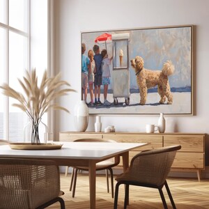 Stampa a olio di cane al chiosco dei gelati, ritratto di cane estivo astratto, decorazione murale minimalista contemporanea CA298