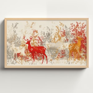 Christmas Reindeer Frame TV Art,  Abstract Christmas Oil Painting, Vintage Holiday Wall Art, Winter Village, Xmas Wallpaper Download X79