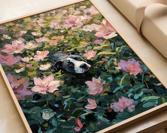 Pitbull Dog Painting: Dog Wall Art, Dog Portrait Art Print, Hand Drawn Dog Lover Gift Large Oil Painting Oversize Floral Animal Poster 1203