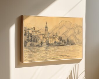 Lago di Como Schizzo Pittura vintage Stampa artistica da parete incorniciata / Arte di grandi dimensioni / Arte astratta Arredamento minimalista di arte moderna di metà secolo