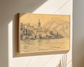 Lago Como Boceto Pintura vintage Enmarcado Bellas Artes Pared Arte Impresión / Arte grande / Arte abstracto Arte moderno de mediados de siglo Decoración minimalista