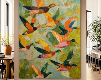 Vintage Abstract Duck Oil Painting Large Bird Art Print Giclee, Hunting Cabin Decor 461