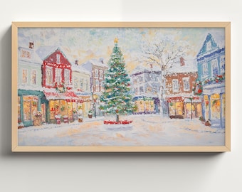 May include: A painting of a snowy town square with a large Christmas tree in the center. The buildings are decorated with lights and garlands. The scene is painted in a realistic style with a focus on detail.
