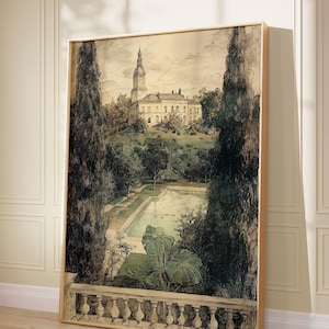 Disegno di un giardino di campagna francese d'epoca, stampa di uno schizzo di paesaggio, schizzo di un'arte murale di Parigi, schizzo minimalista schizzo vintage neutro CA1100
