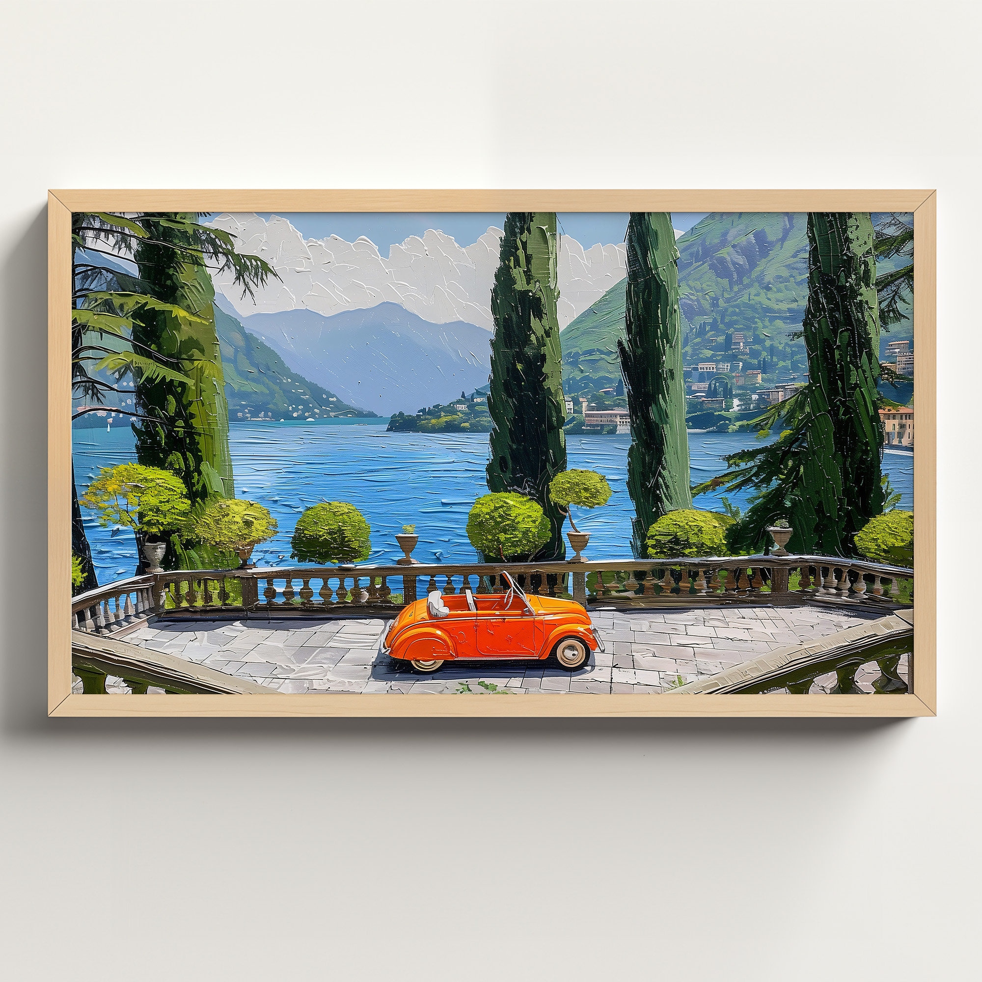 Vintage Car in Lake Como, Abstract Samsung Frame TV Art, Capri Oil Painting, Digital Download