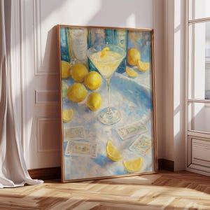 Cuadro de martini con gotas de limón, impresión de alcohol, arte de carrito de bar, decoración de bebidas para la pared del hogar y la cocina, póster de cóctel moderno CA966