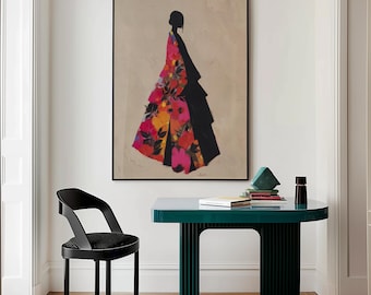 Floral Silhouette Woman Art Print: Abstract Female Portrait, Eclectic Japandi Fashion Painting 1206
