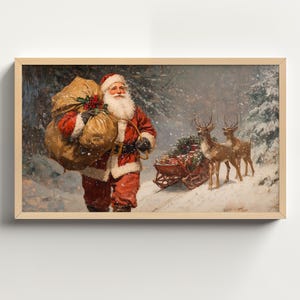 Vintage Santa Reindeer Sleigh Christmas Frame TV Art, Holiday Presents Xmas Wallpaper Winter Snowy Forest, Cozy Cottagecore Decor TVX24
