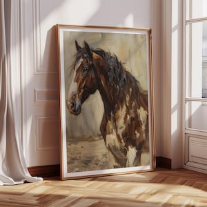 Vintage Horse Painting, Antique Horse Wall Art, Mid Century Modern Art Print, Large Oil Painting Oversize  Giclee 451