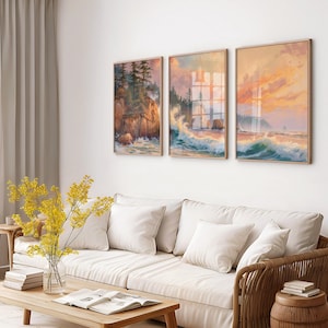 PNW Landscape Painting, Oregon Coast Ocean Prints Set of 3, Coastal Beach House Wall Art Gallery, Triptych Daybreak Seascape Decor 658 image 8