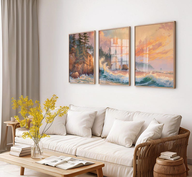 PNW Landscape Painting, Oregon Coast Ocean Prints Set of 3, Coastal Beach House Wall Art Gallery, Triptych Daybreak Seascape Decor 658 image 8