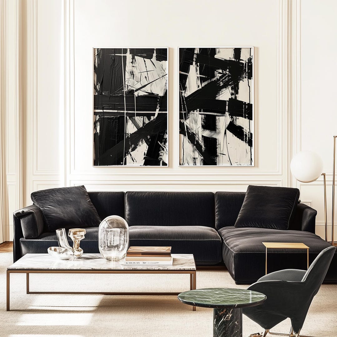 Set of 2 Black White Modern Abstract Wall Art Prints, Monochromatic ...