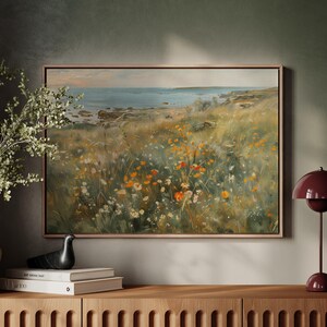 Spring By The Beach Oil Painting, Wildflowers Coastal Art, Mid Century Modern Cottagecore Decor, Beach House Gift 164