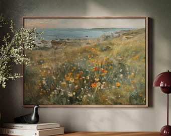 Pintura al óleo "Primavera en la playa", arte costero con flores silvestres, decoración cottagecore moderna de mediados de siglo, regalo para casa de playa 164