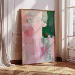 Groene en roze abstracte gicleekunst aan de muur, moderne originele kunstdruk uit het midden van de eeuw, groot olieverfschilderij oversized abstracte kunst 412
