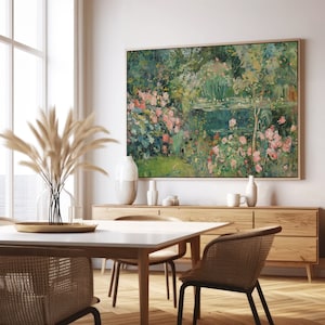 Vintage Garden Pond Oil Painting, Traditional Abstract Art Print, Botanical Landscape Prints, Impressionist Sage Green Wall Decor CA597