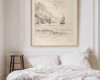 Nautische schetskunstdruk: zeilgiclee halverwege de eeuw