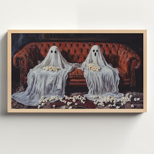 a painting of two ghostly people sitting on a couch