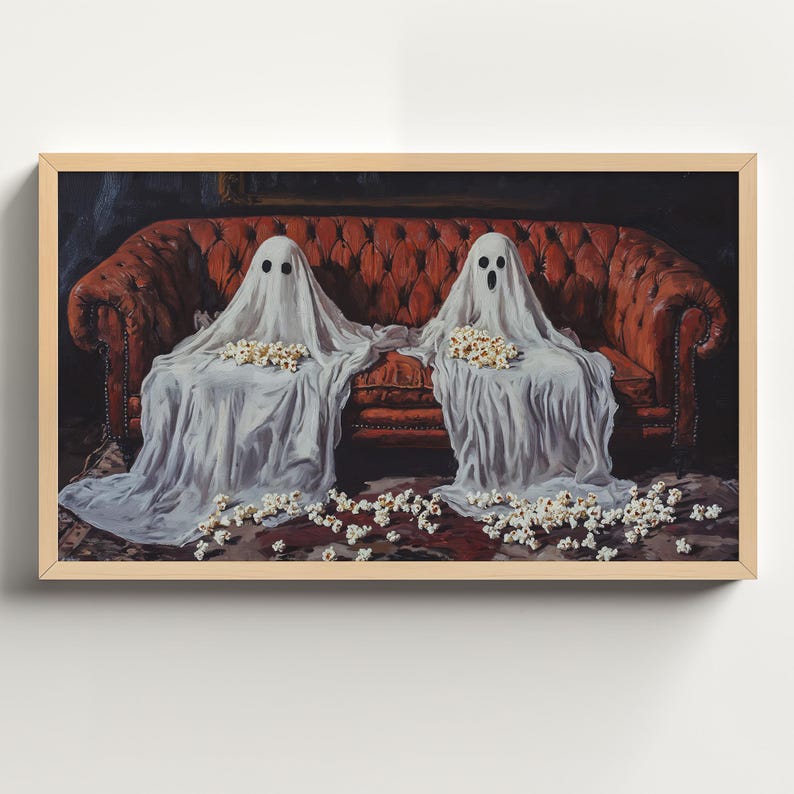 a painting of two ghostly people sitting on a couch