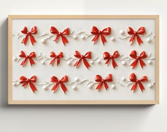 May include: A framed picture with a white background and red bows on white branches. The bows are arranged in a symmetrical pattern.