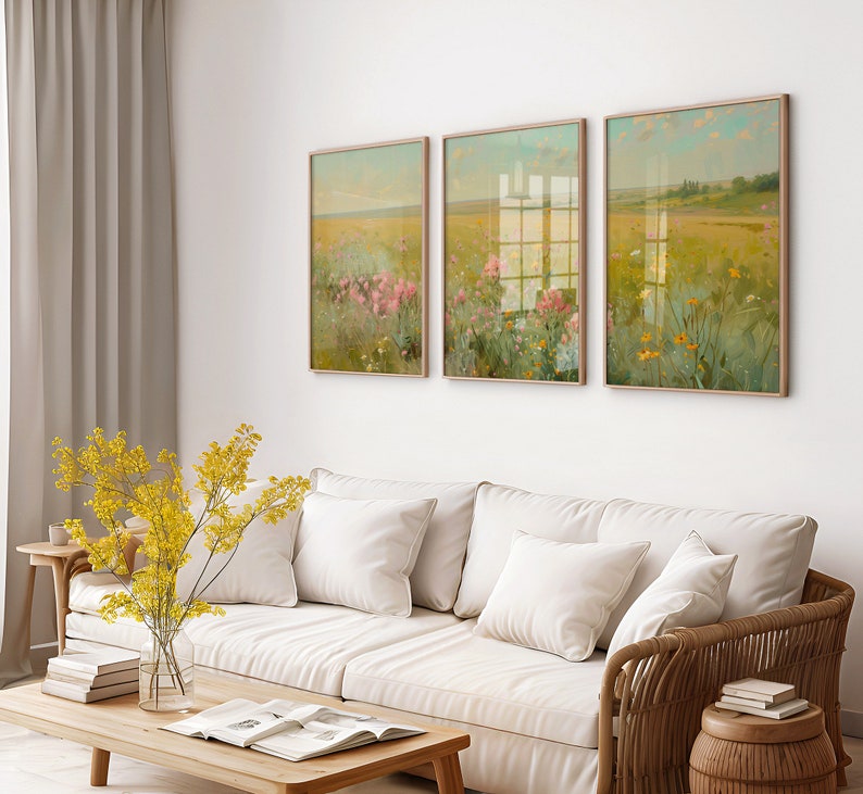 Pastel Pink Flowers Art Oil Paintings Set of 3 Abstract Triptych Decor