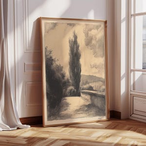 Vintage French Countryside Garden Drawing, Landscape Sketch Print, Paris Wall Art Sketch, Minimalist Sketch Neutral Vintage Sketch 1099