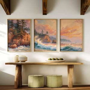 PNW Landscape Painting, Oregon Coast Ocean Prints Set of 3, Coastal Beach House Wall Art Gallery, Triptych Daybreak Seascape Decor 658 image 1