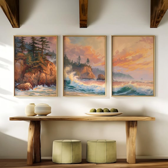 PNW Landscape Painting, Oregon Coast Ocean Prints Set of 3, Coastal Beach House Wall Art Gallery, Triptych Daybreak Seascape Decor 658