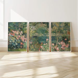 Garden Pond Oil Painting Print, Traditional Art Set of 3, Vintage Abstract Triptych, Living Room Artwork Prints Lush House 597