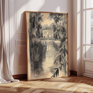 Dibujo vintage de jardín francés, impresión de boceto de paisaje, boceto de arte mural arquitectónico, boceto minimalista, boceto vintage neutro 1113