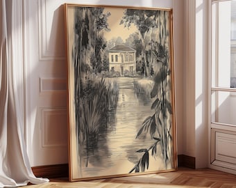 Vintage French Estate Garden Drawing, Landscape Sketch Print, Architecture Wall Art Sketch, Minimalist Sketch Neutral Vintage Sketch 1113