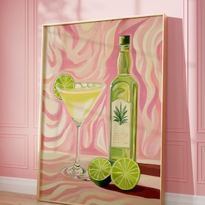 Plakat Pink Margarita, Słodka sztuka ścienna Preppy Bar Cart, Dziewczęca sztuka ścienna, Modny wydruk sztuki retro, Obraz olejny z koktajlem tequili, Sztuka Y2K GA968