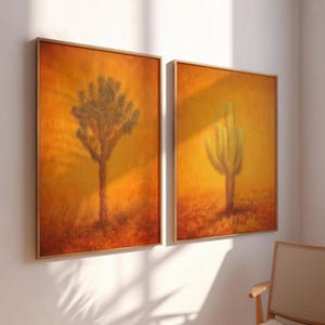Joshua Tree Cactus Set of 2 Prints, Vintage Midcentury Retro Western Wall Art, Southwest California Desert Landscape Painting, Diptych 1141