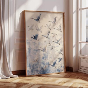 Blue Heron Bird Flock Wall Art, Mid Century Modern Art Print, Large Oil Lithograph Oversize Giclee Vintage Abstract Bird Painting 1001