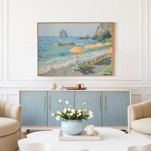 Beaches of Capri Coastal Summer Oil Painting, Bright Pastel Mediterranean Print, Beach House Wall Art Decor 642