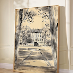 Dibujo vintage de jardín real inglés, impresión de boceto de paisaje, boceto de arte mural de palacio, boceto minimalista, boceto vintage neutro 1108